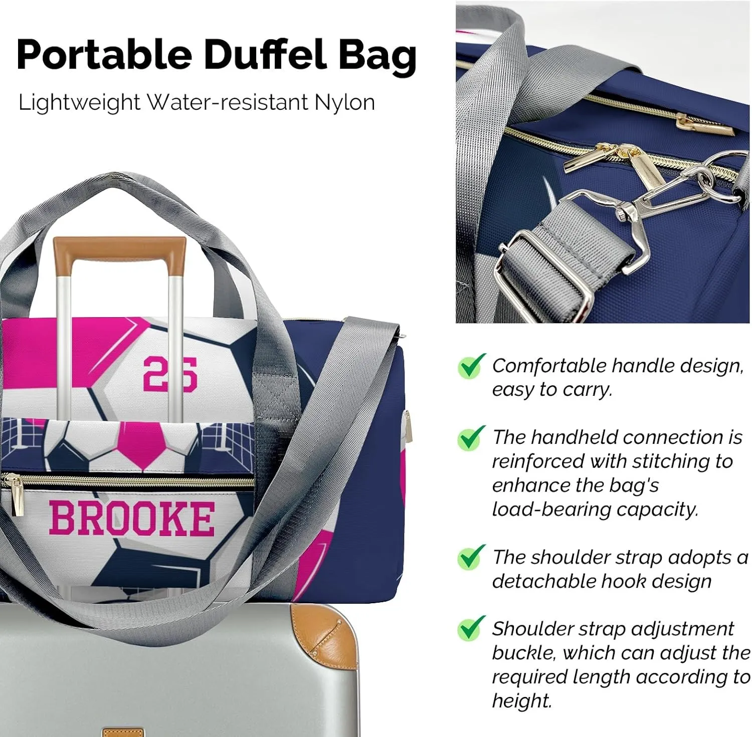Live Love Soccer Pink Personalized Travel Duffel Bag Custom Foldable Waterproof Overnight Bag for Gym Sport Ball Bags Travel Assistant