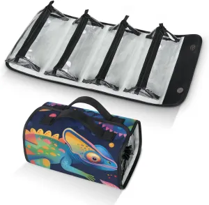 Lizards Foldable Toiletry Bag with Detachable Removable Pouches Hanging 4 in 1 Roll Up Large Makeup Toiletry Organizer Storage Bag with Handle