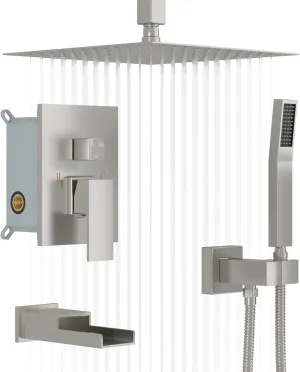 Lordear Rain Shower System 16 Inch Ceiling Mounted Shower Faucet Set,Stainless Steel Shower Head with Handle Set and Brass Valve Brushed Nickel 16" Shower Head Combo Ceiling Mounted