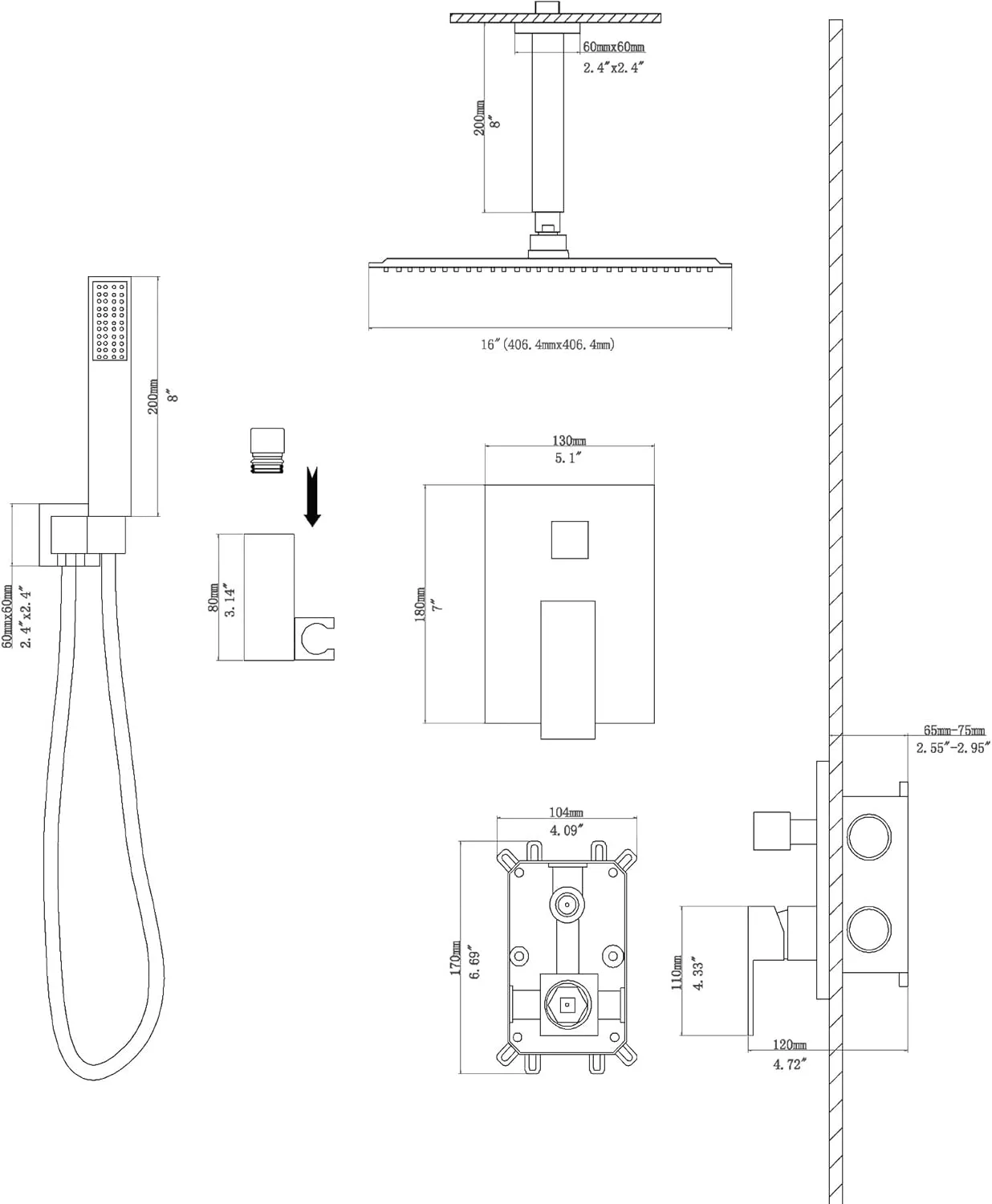 Lordear Rain Shower System 16 Inch Ceiling Mounted Shower Faucet Set,Stainless Steel Shower Head with Handle Set and Brass Valve Brushed Nickel 16" Shower Head Combo Ceiling Mounted