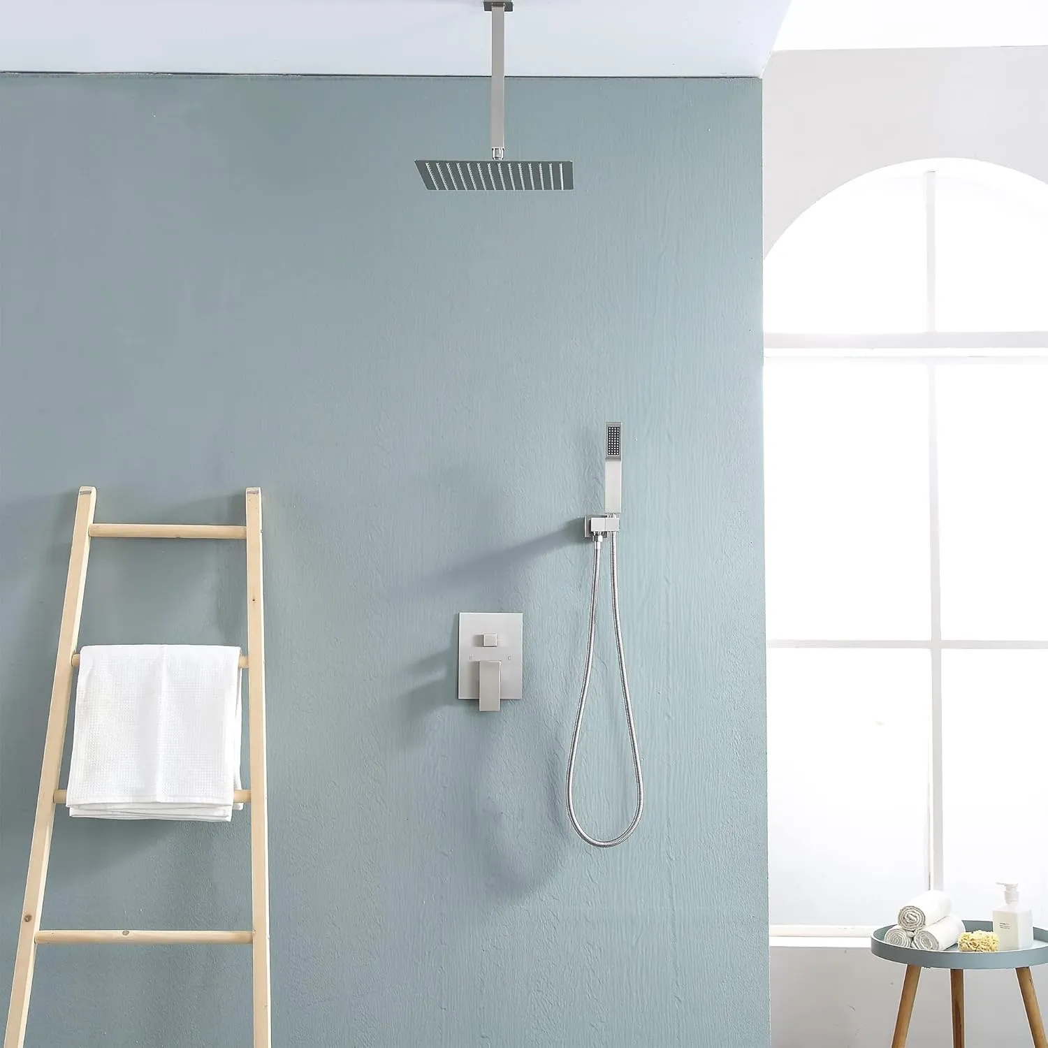 Lordear Rain Shower System 16 Inch Ceiling Mounted Shower Faucet Set,Stainless Steel Shower Head with Handle Set and Brass Valve Brushed Nickel 16" Shower Head Combo Ceiling Mounted