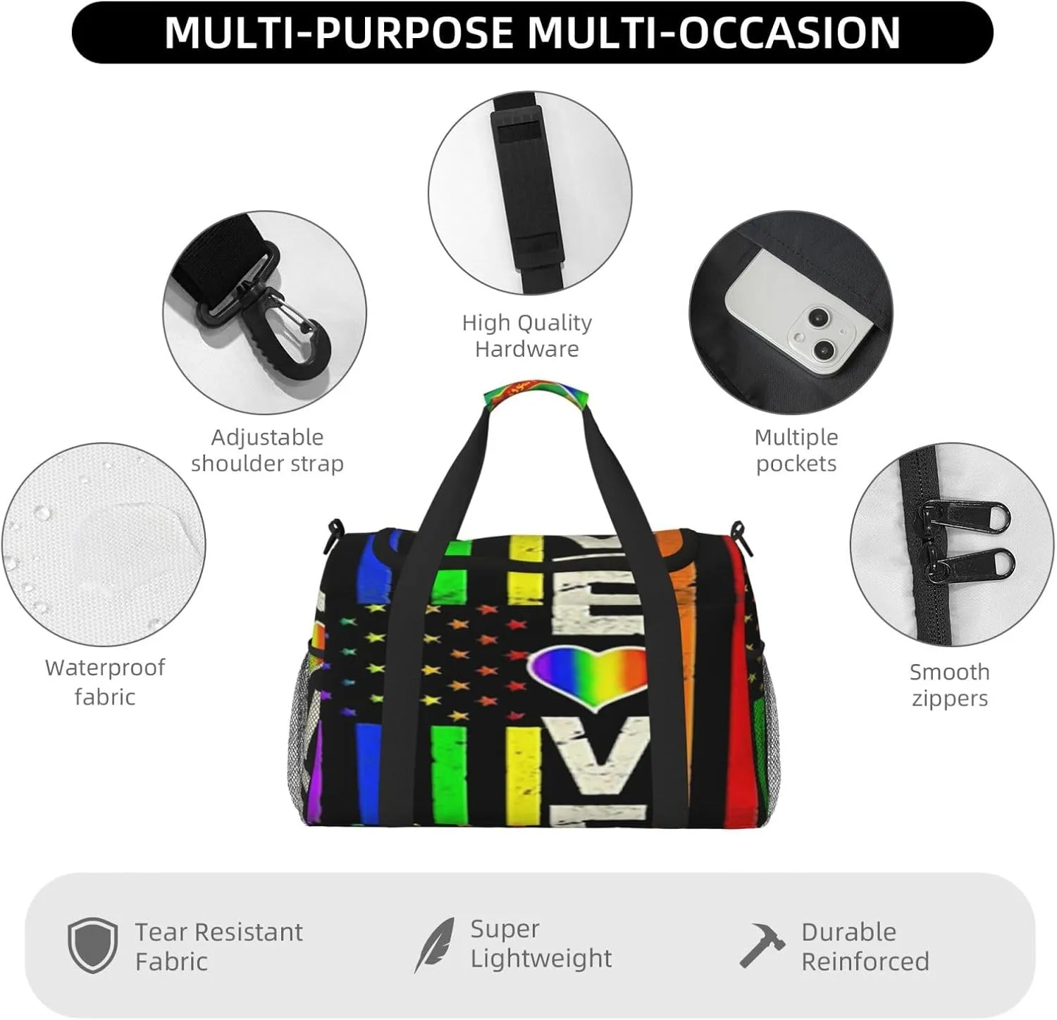 Love Pride Us Flag Travel Duffel Bag Large Foldable Waterproof Overnight Bag For Beach Swim Bags Pool Sports Gym