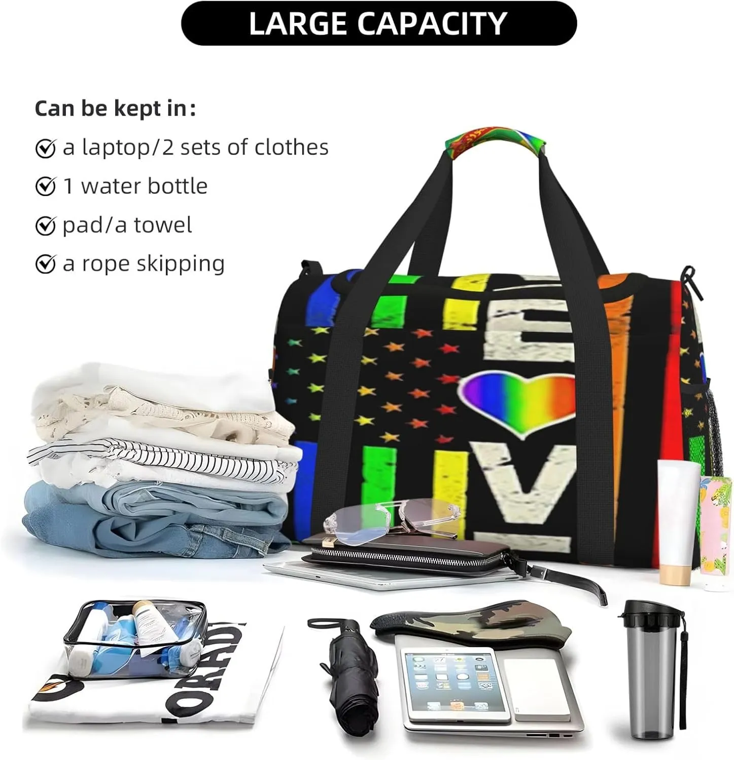 Love Pride Us Flag Travel Duffel Bag Large Foldable Waterproof Overnight Bag For Beach Swim Bags Pool Sports Gym