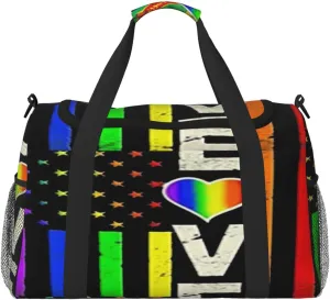 Love Pride Us Flag Travel Duffel Bag Large Foldable Waterproof Overnight Bag For Beach Swim Bags Pool Sports Gym