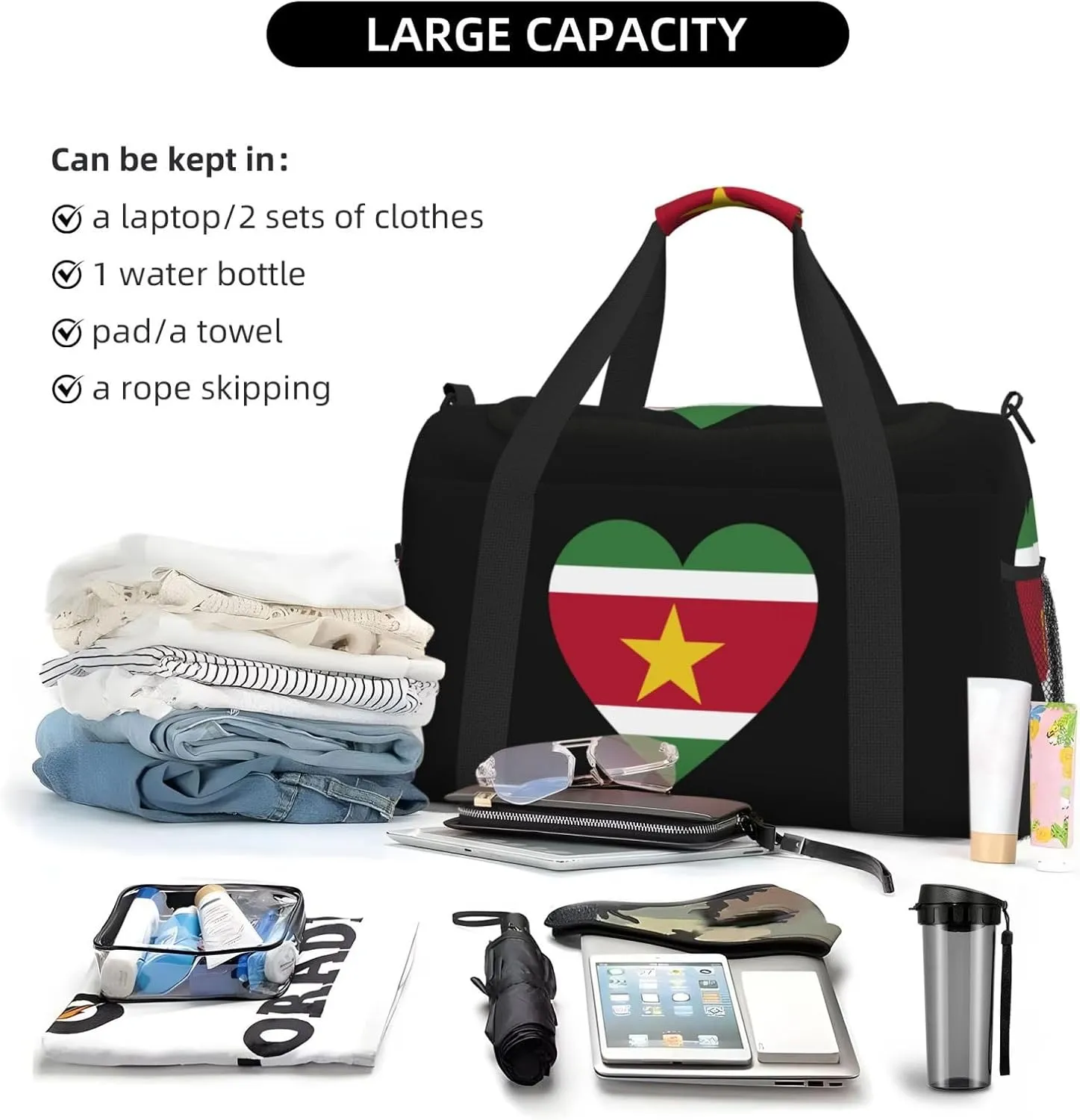 Love Suriname Flag Travel Duffel Bag Large Foldable Waterproof Overnight Bag For Beach Swim Bags Pool Sports Gym