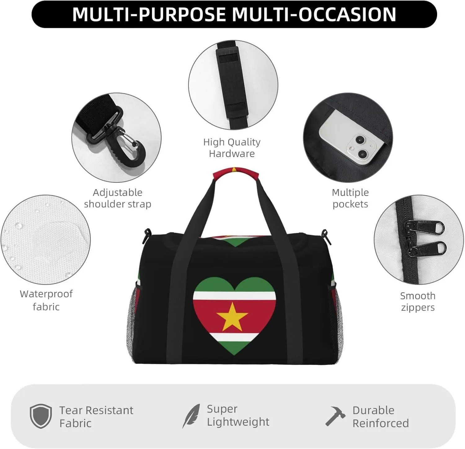 Love Suriname Flag Travel Duffel Bag Large Foldable Waterproof Overnight Bag For Beach Swim Bags Pool Sports Gym