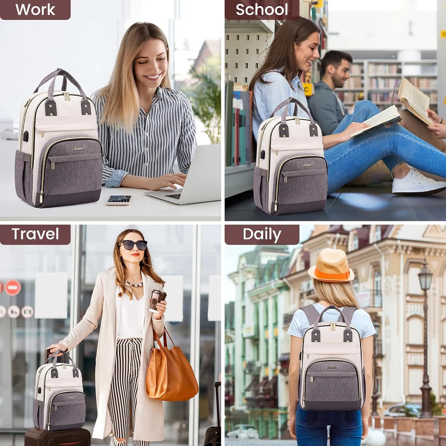 LOVEVOOK Backpack for Women,Laptop Backpack Women,Fits 18 Inch Laptop Bag,School Backpacks,Fashion Travel Work Anti-theft Bag,Waterproof Business Computer College Backpack Purse,Beige-Grey-Grey