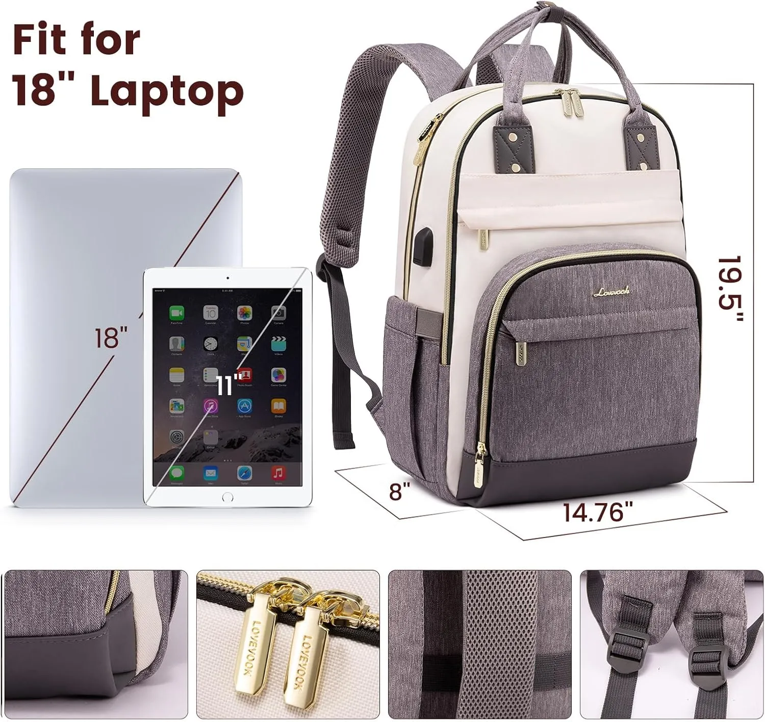 LOVEVOOK Backpack for Women,Laptop Backpack Women,Fits 18 Inch Laptop Bag,School Backpacks,Fashion Travel Work Anti-theft Bag,Waterproof Business Computer College Backpack Purse,Beige-Grey-Grey