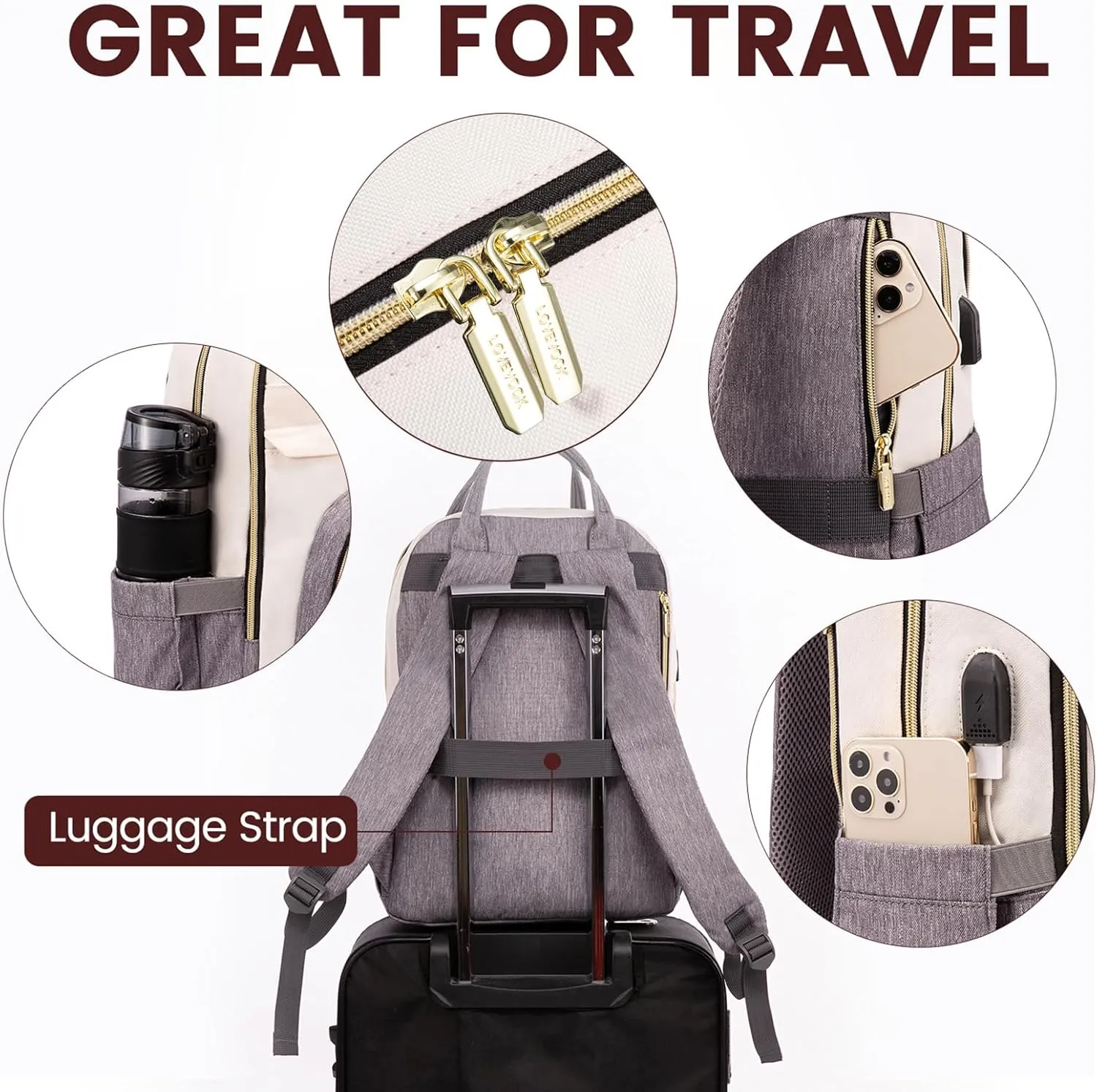 LOVEVOOK Backpack for Women,Laptop Backpack Women,Fits 18 Inch Laptop Bag,School Backpacks,Fashion Travel Work Anti-theft Bag,Waterproof Business Computer College Backpack Purse,Beige-Grey-Grey