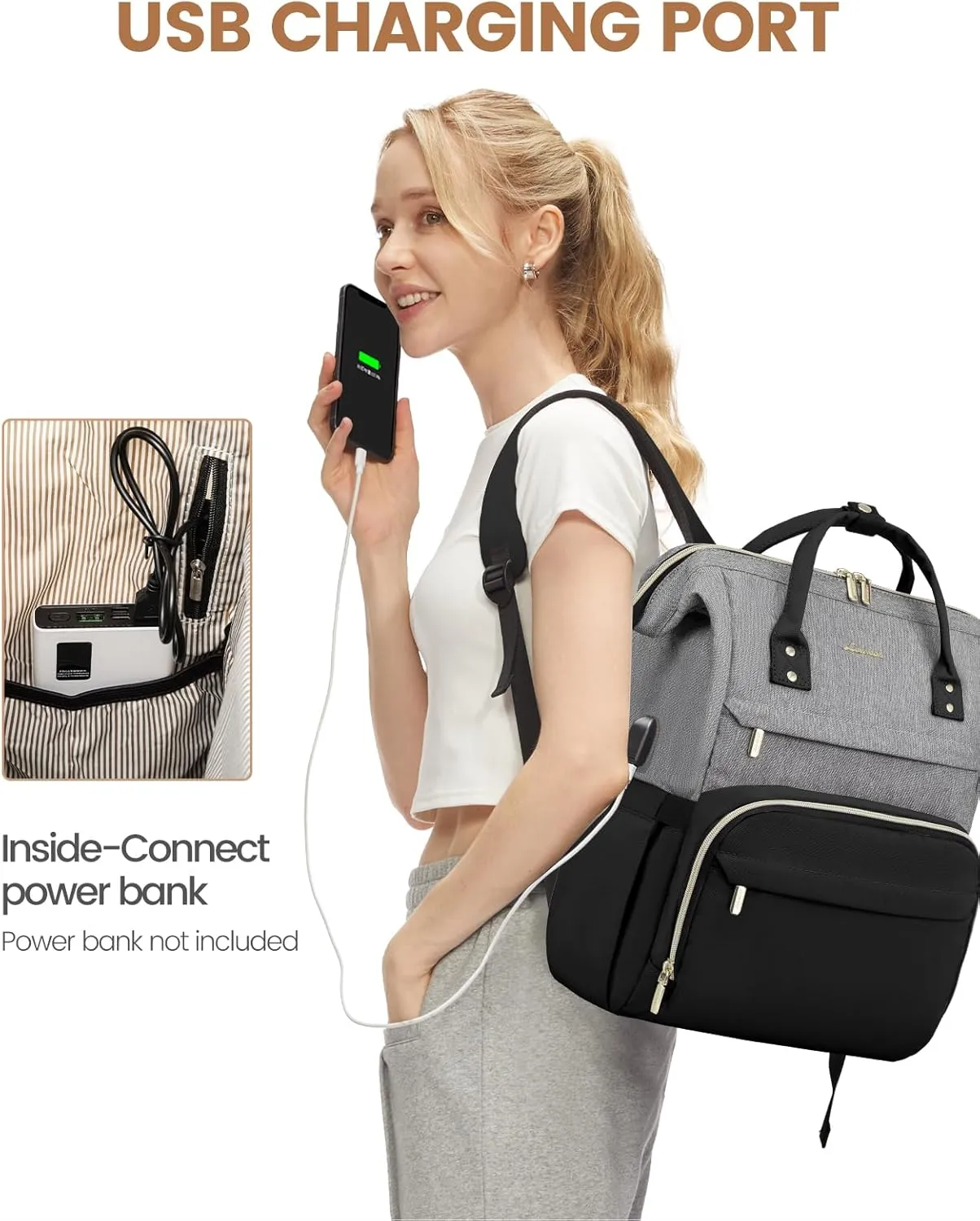 LOVEVOOK Laptop Backpack for Women, Fashion Computer Backpacks Purse, School Student Bookbag for Girl, Business Travel Bags, Doctor Nurse Backpack for Work, Fits 15.6-Inch Laptop, Grey Black