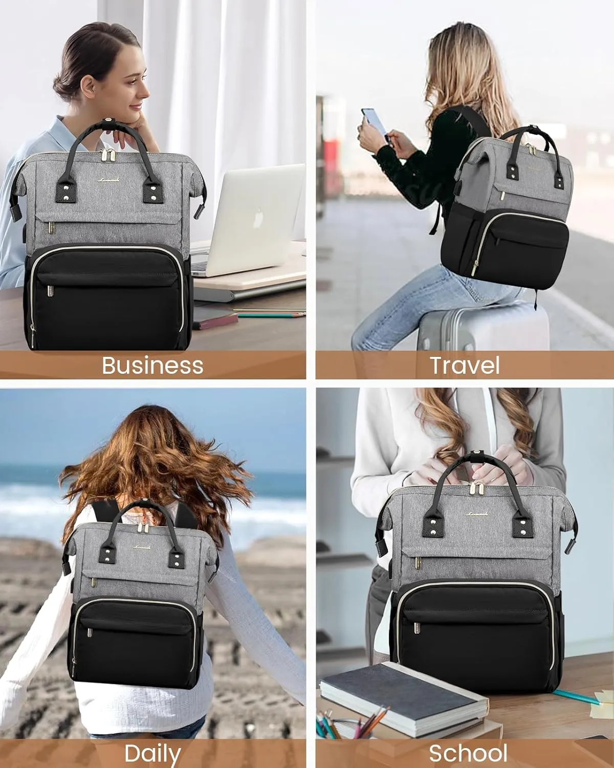 LOVEVOOK Laptop Backpack for Women, Fashion Computer Backpacks Purse, School Student Bookbag for Girl, Business Travel Bags, Doctor Nurse Backpack for Work, Fits 15.6-Inch Laptop, Grey Black