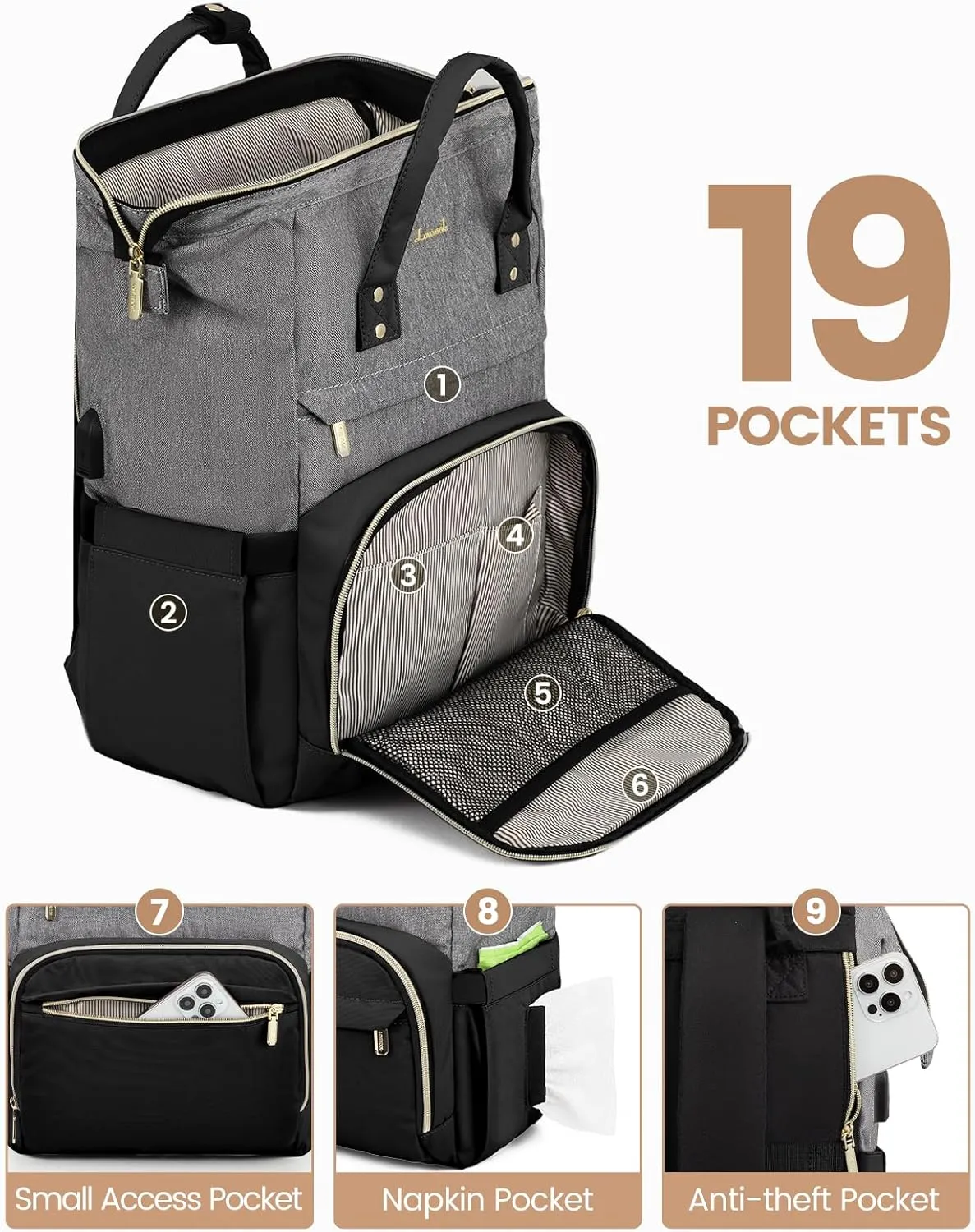 LOVEVOOK Laptop Backpack for Women, Fashion Computer Backpacks Purse, School Student Bookbag for Girl, Business Travel Bags, Doctor Nurse Backpack for Work, Fits 15.6-Inch Laptop, Grey Black