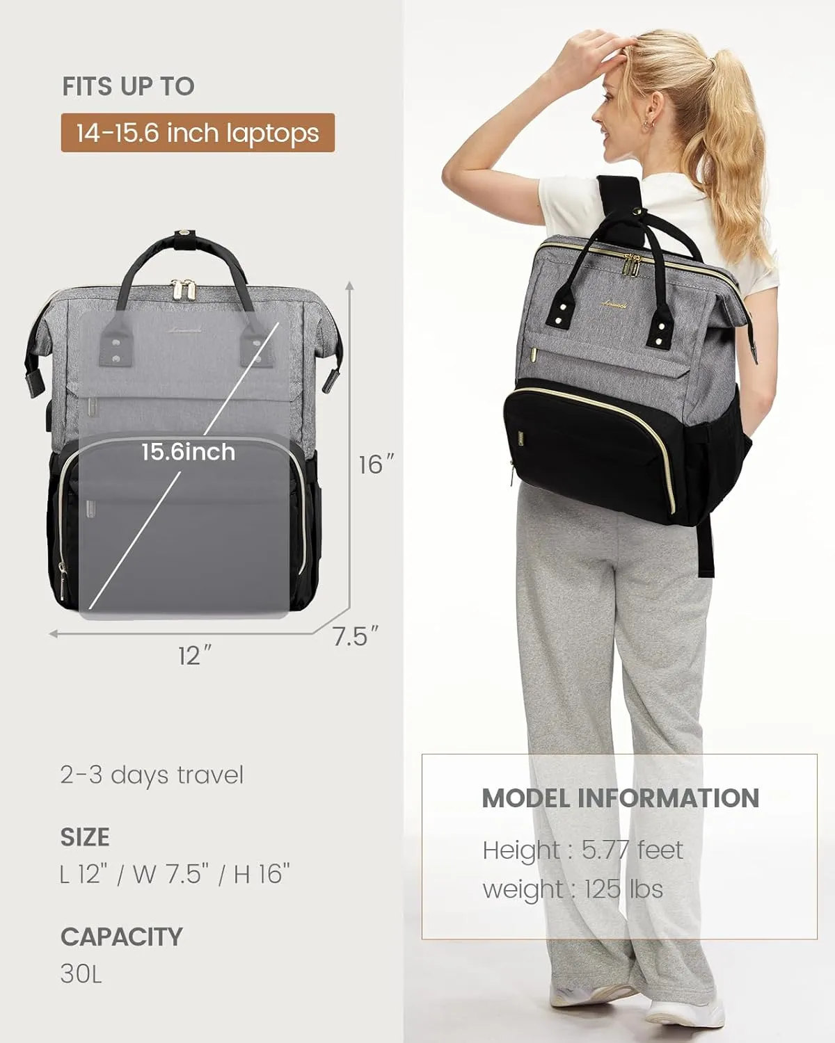 LOVEVOOK Laptop Backpack for Women, Fashion Computer Backpacks Purse, School Student Bookbag for Girl, Business Travel Bags, Doctor Nurse Backpack for Work, Fits 15.6-Inch Laptop, Grey Black