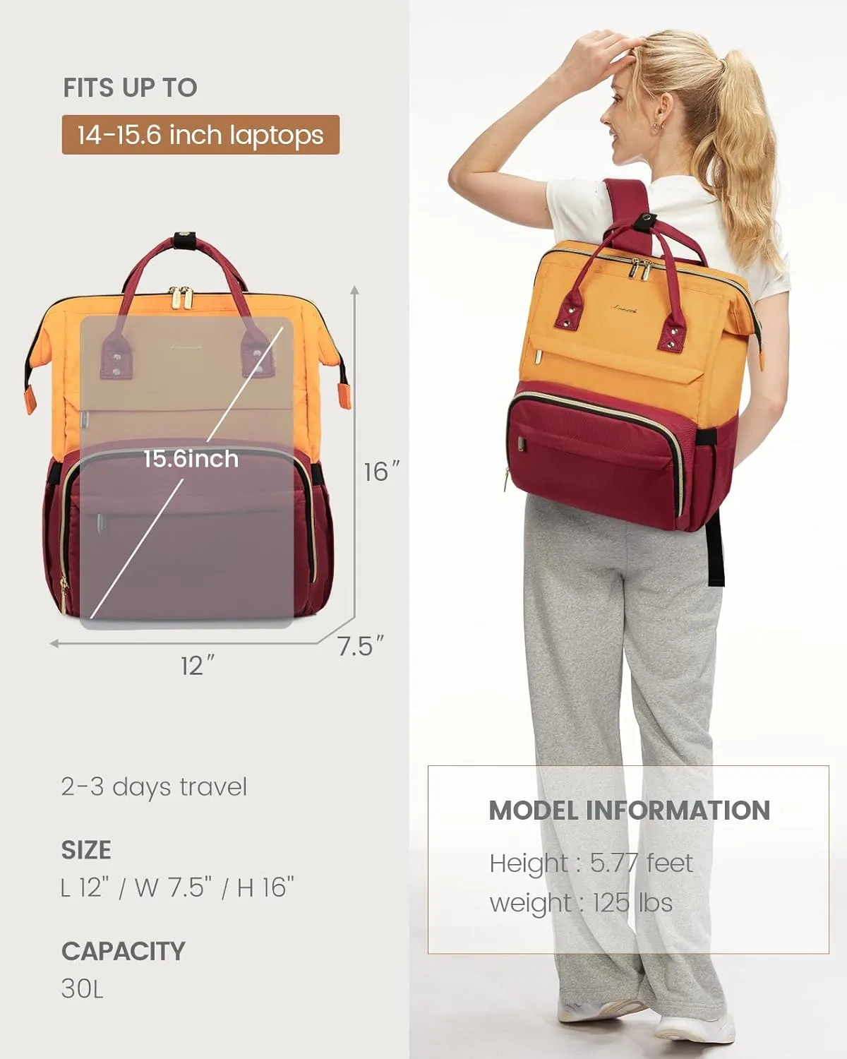 LOVEVOOK Laptop Backpack for Women, Fashion Work Computer Backpacks Purse, Travel Bags Doctor Nurse Backpack with USB Port, Carry on Backpack fits 15.6-Inch Laptop, Orange-Wine Red