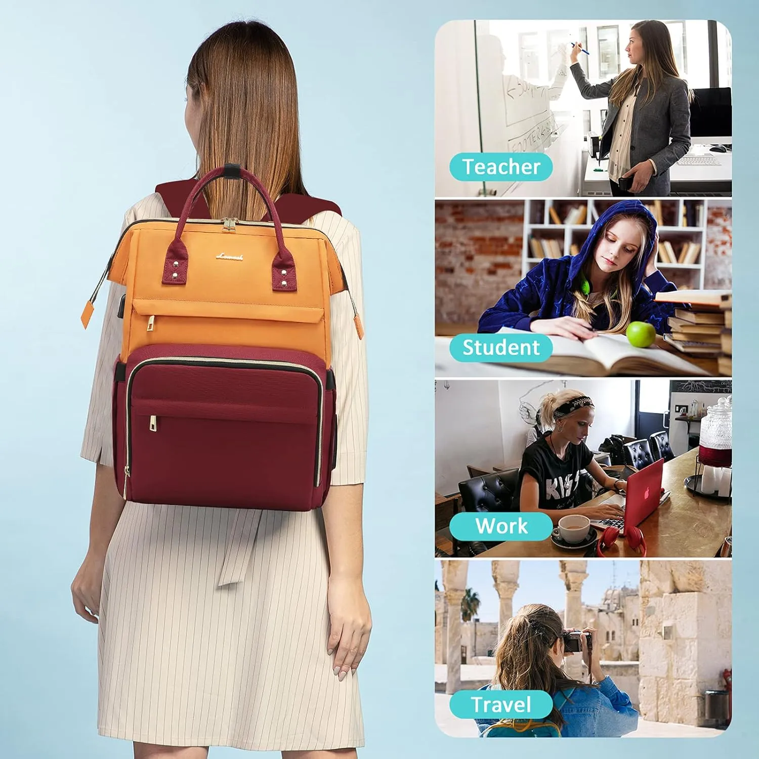 LOVEVOOK Laptop Backpack for Women, Fashion Work Computer Backpacks Purse, Travel Bags Doctor Nurse Backpack with USB Port, Carry on Backpack fits 15.6-Inch Laptop, Orange-Wine Red