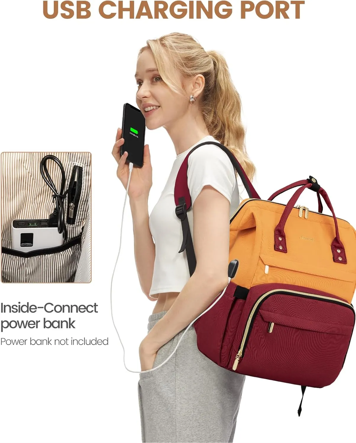 LOVEVOOK Laptop Backpack for Women, Fashion Work Computer Backpacks Purse, Travel Bags Doctor Nurse Backpack with USB Port, Carry on Backpack fits 15.6-Inch Laptop, Orange-Wine Red