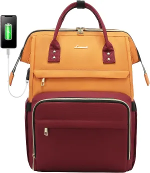 LOVEVOOK Laptop Backpack for Women, Fashion Work Computer Backpacks Purse, Travel Bags Doctor Nurse Backpack with USB Port, Carry on Backpack fits 15.6-Inch Laptop, Orange-Wine Red