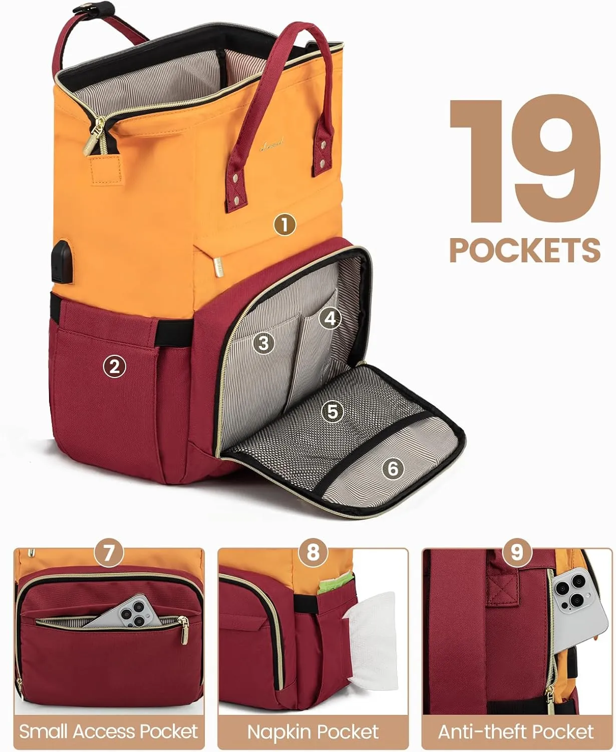 LOVEVOOK Laptop Backpack for Women, Fashion Work Computer Backpacks Purse, Travel Bags Doctor Nurse Backpack with USB Port, Carry on Backpack fits 15.6-Inch Laptop, Orange-Wine Red
