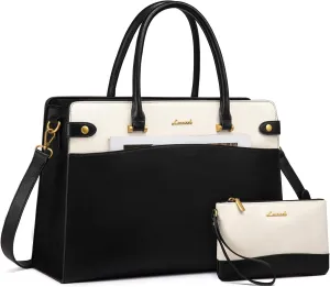 LOVEVOOK Laptop Tote Bag For Women Work, Vintage Leather Computer Bags For Laptops For Women, Waterproof Laptop Bag Business Briefcase Office Large Shoulder Handbag Purse, 15.6 Inch, Black-Beige