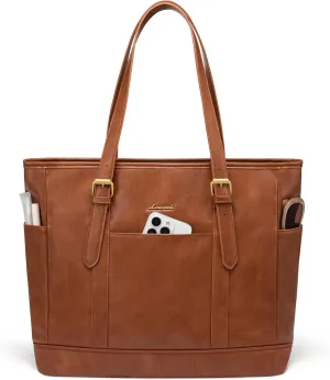 LOVEVOOK Laptop Tote Bag for Women,Vintage Leather Work Tote Bag for Women, 17.3 Inch Computer Briefcase Bag,Waterproof Teacher Business Office