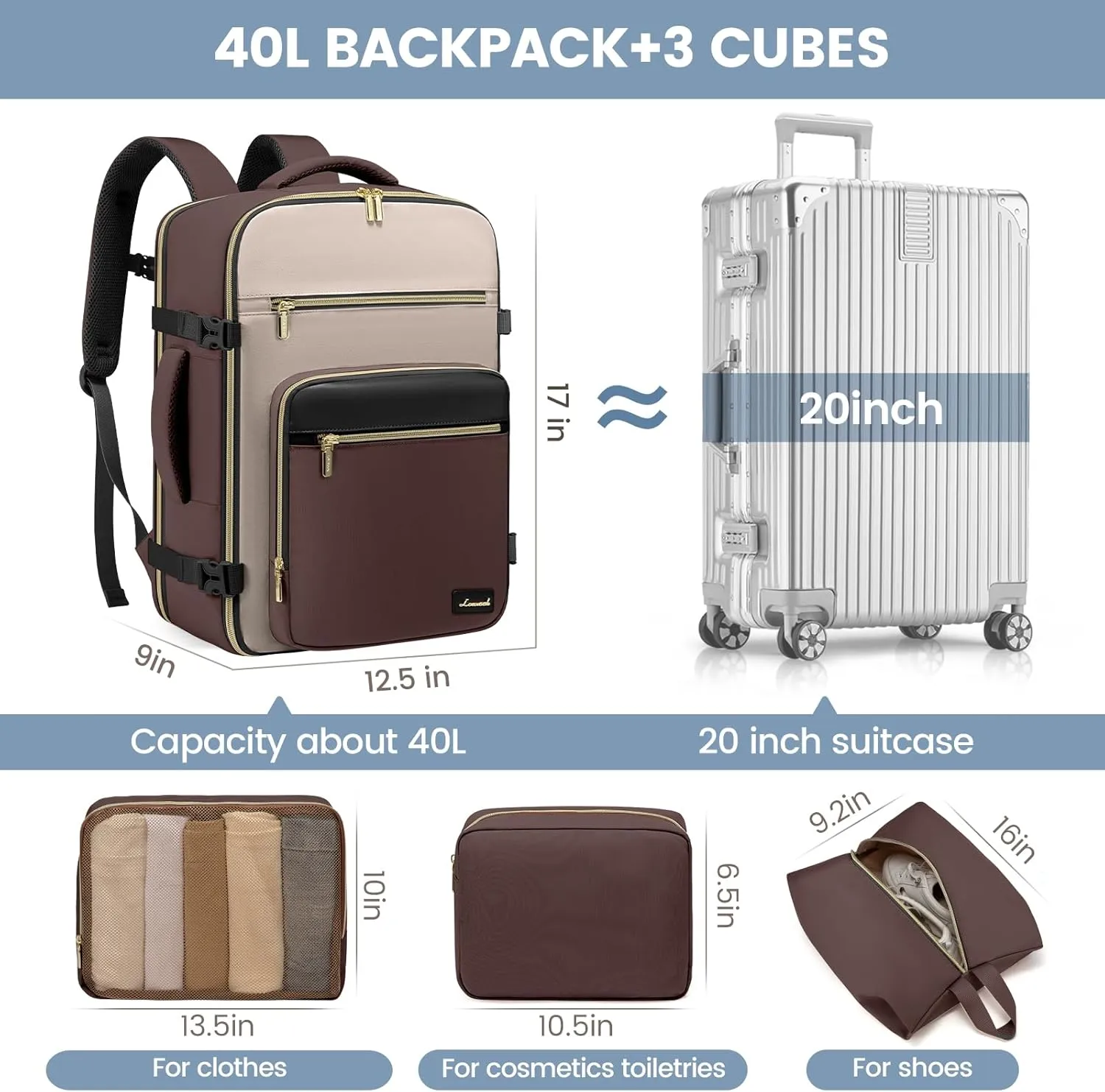 LOVEVOOK Travel Backpack For Women,40L Carry On Backpack Flight Approved,TSA Personal Item Travel Bag Fits 17 Inch Laptop,Business Weekender Overnight Daypack with Toiletry Bag and Cubes