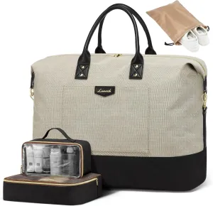 LOVEVOOK Travel Bags for Women, Weekender Bags for Women with 2 Cubes, Personal Item Travel Bag with Shoes Bag, Carry on Overnight Bag, Hospital Bags for Labor and Delivery, 4 Pcs Set, Khaki/Black