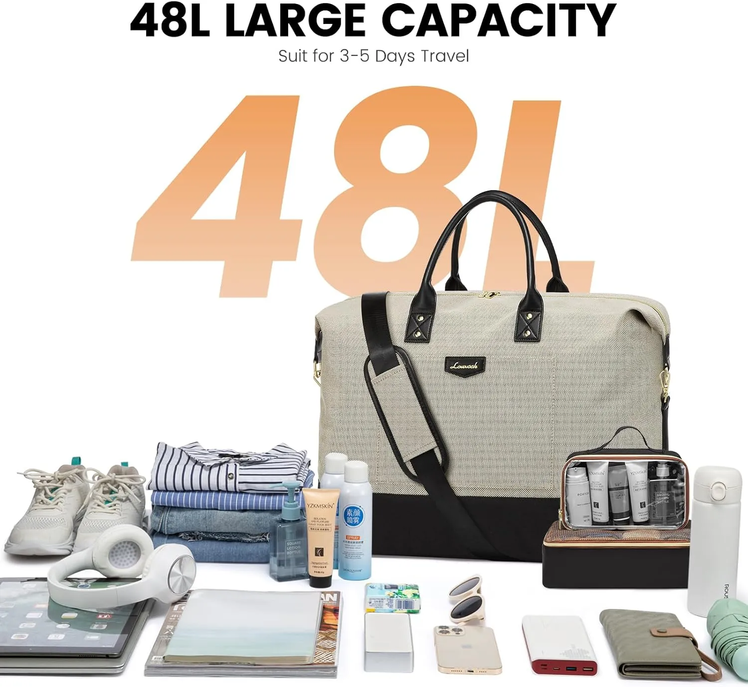 LOVEVOOK Travel Bags for Women, Weekender Bags for Women with 2 Cubes, Personal Item Travel Bag with Shoes Bag, Carry on Overnight Bag, Hospital Bags for Labor and Delivery, 4 Pcs Set, Khaki/Black