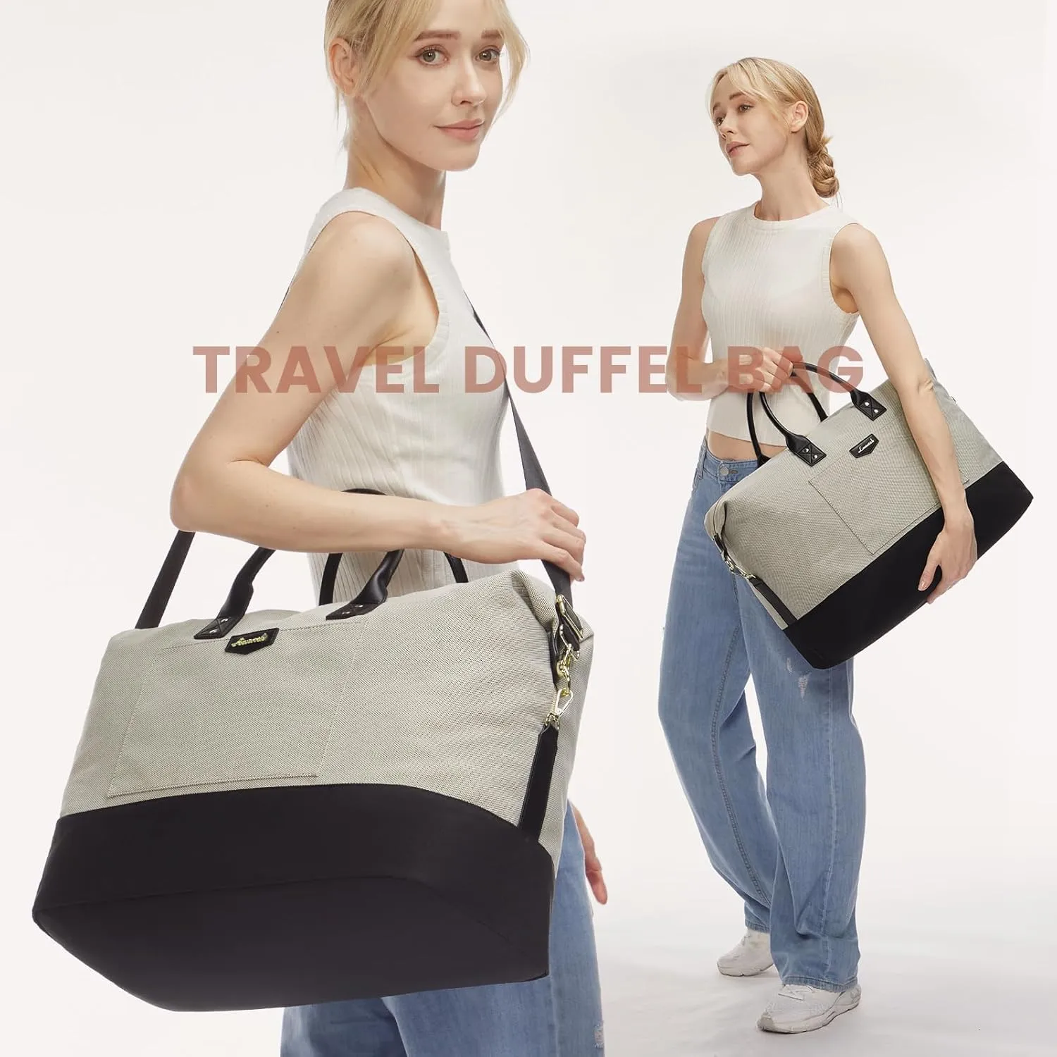 LOVEVOOK Travel Bags for Women, Weekender Bags for Women with 2 Cubes, Personal Item Travel Bag with Shoes Bag, Carry on Overnight Bag, Hospital Bags for Labor and Delivery, 4 Pcs Set, Khaki/Black