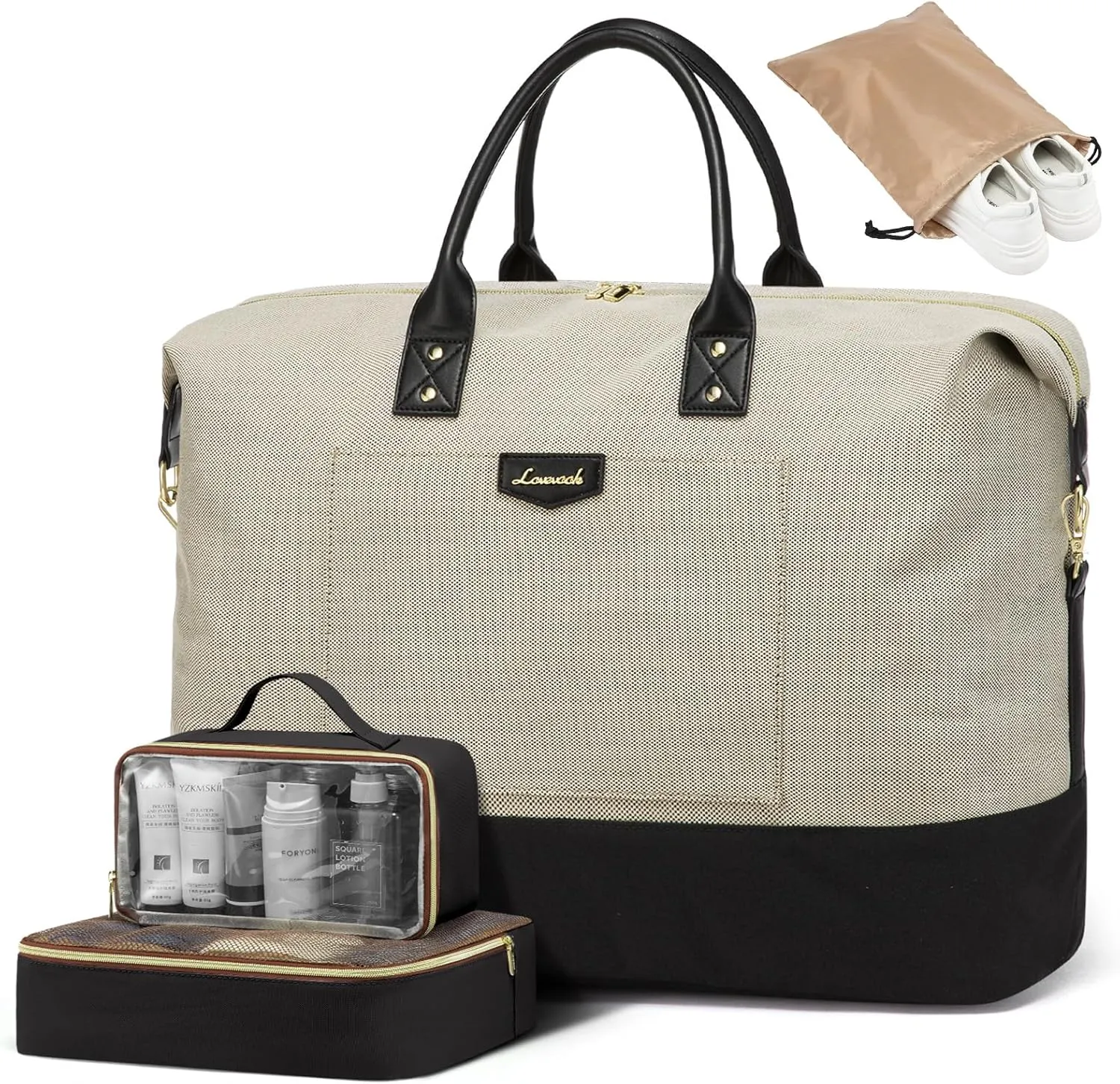 LOVEVOOK Travel Bags for Women, Weekender Bags for Women with 2 Cubes, Personal Item Travel Bag with Shoes Bag, Carry on Overnight Bag, Hospital Bags for Labor and Delivery, 4 Pcs Set, Khaki/Black