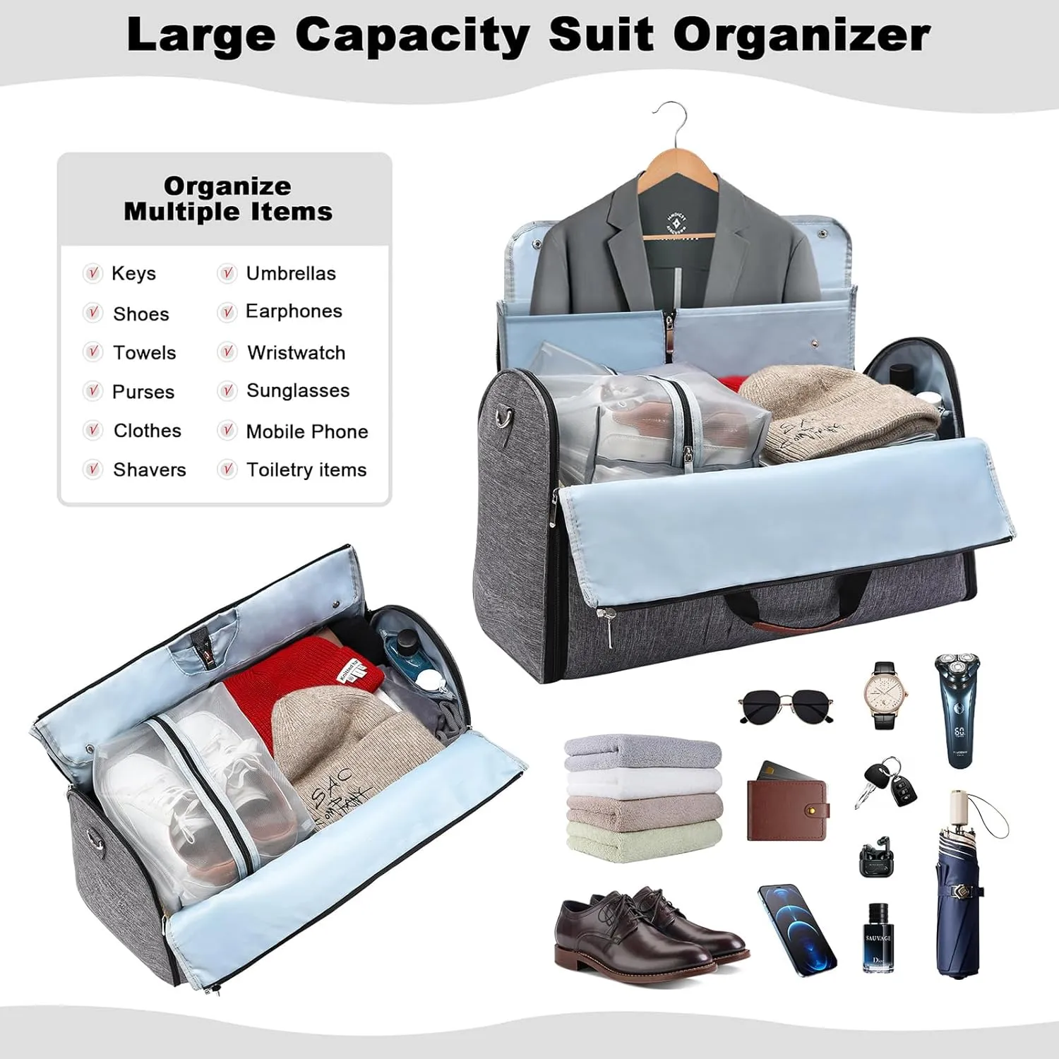 Lucshy Travel Bag, Garment Duffle Bags for Travel, Large Waterproof Crossbody Shoulder Capacity Suit Travel Garment (Gray), Zbl0325008