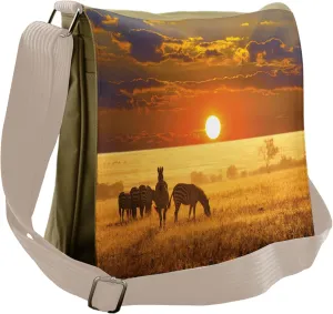 Lunarable African Messenger Bag, Zebras Savannah Sunset View, Unisex Cross-body