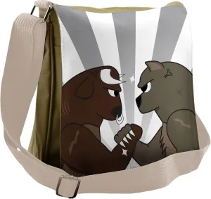 Lunarable Cartoon Messenger Bag, Bull Bear Wild Competition, Unisex Cross-body