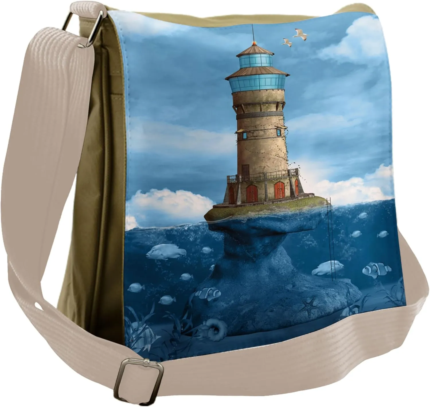 Lunarable Lighthouse Messenger Bag, Seagulls Scenic Nature, Unisex Cross-body