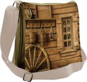 Lunarable Western Messenger Bag, Old Wagon Wheel and House, Unisex Cross-body