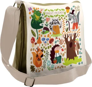 Lunarable Woodland Messenger Bag, Woodpecker Raccoon Wolf, Unisex Cross-body