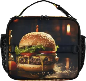 Lunch Bag Beef Hamburger Large Insulated Cooler Bag with Side Mesh Pockets and Shoulder Strap