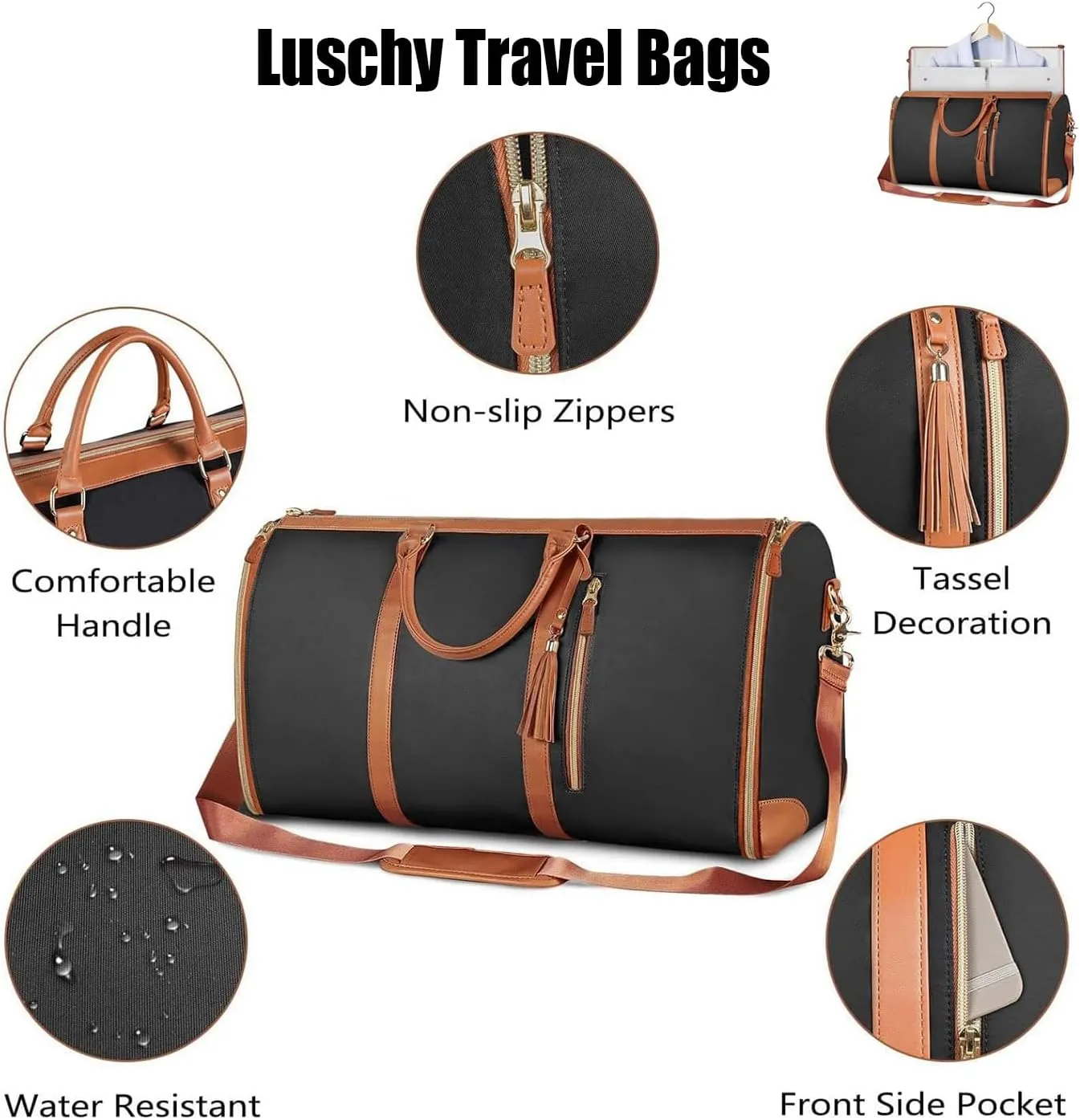 Luschy Travel Bags For Women, Large Capacity Hanging Clothes Travel Bag, Foldable Duffle Bag For Travel (Black)