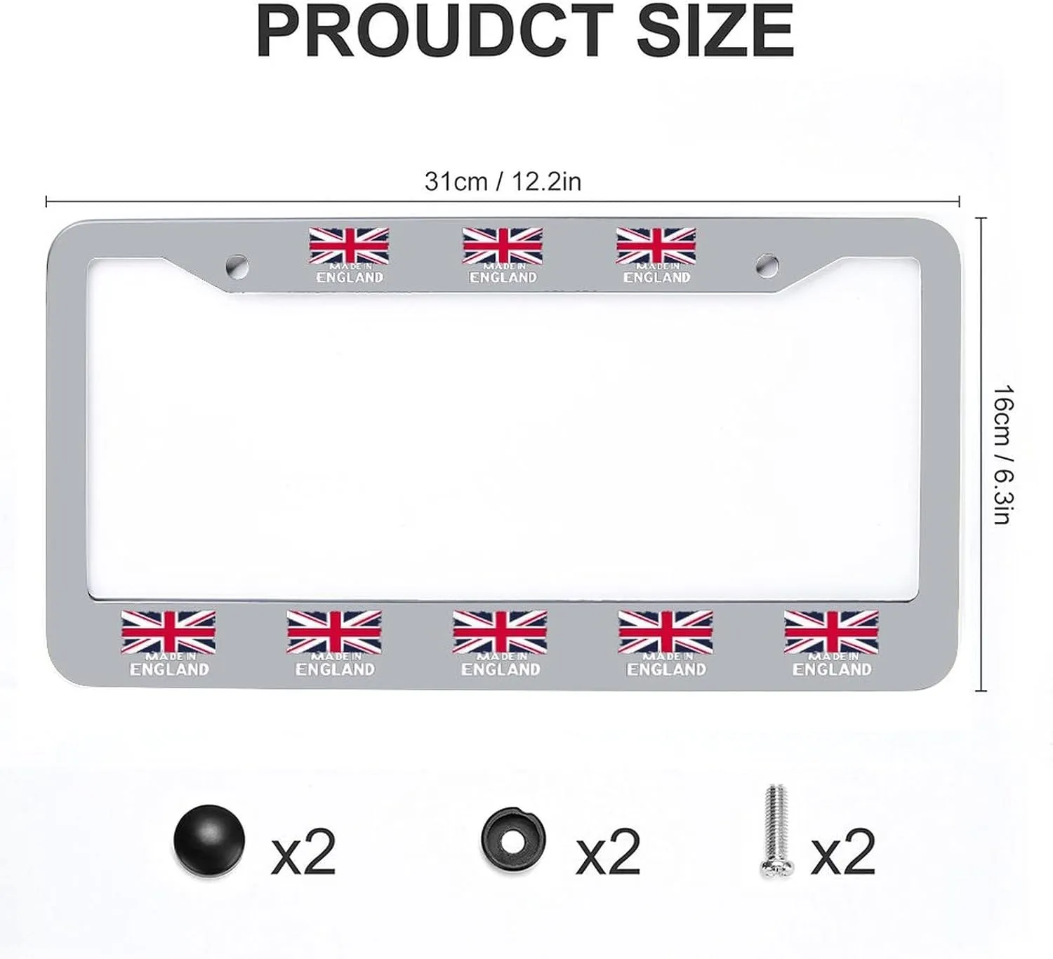 Made in England British Flag Union Jack License Plate Frames Universal Car Tag Holder Auto Accessories Silver-Style