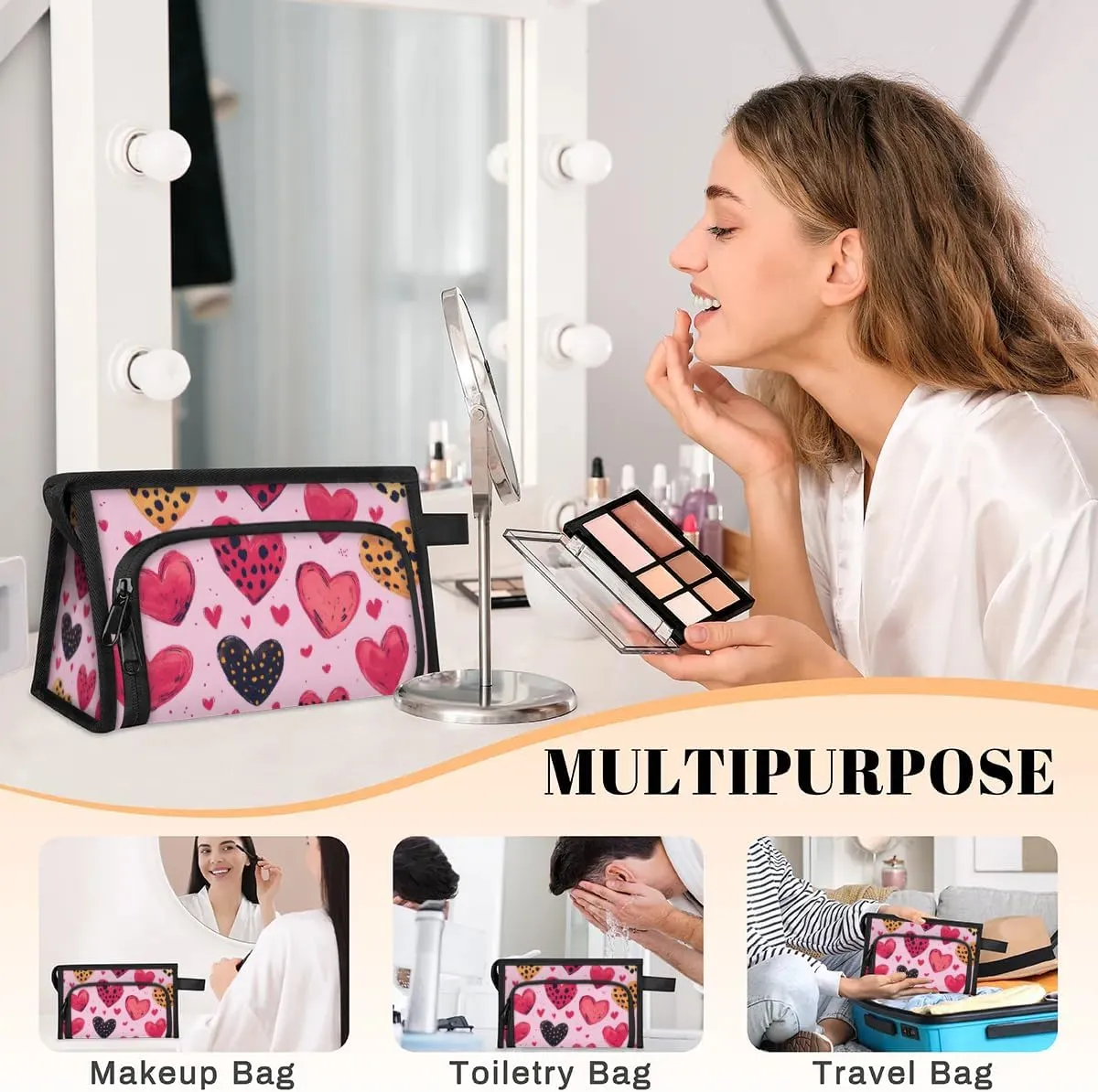 Makeup Bag Hearts Printed Travel Toiletry Bag Makeup Organizer Portable Make Up Bags for Women Cosmetic Bag with Handle