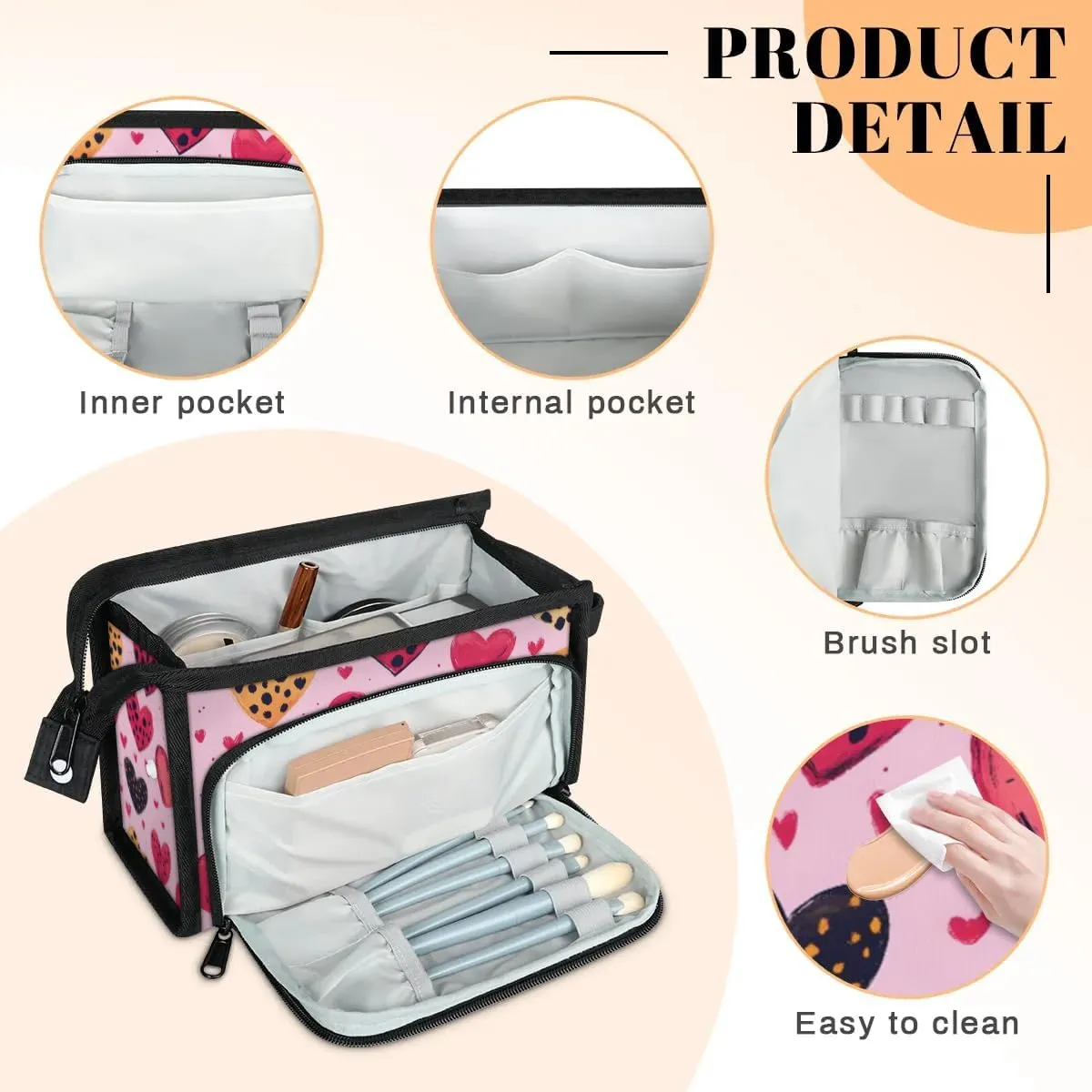Makeup Bag Hearts Printed Travel Toiletry Bag Makeup Organizer Portable Make Up Bags for Women Cosmetic Bag with Handle
