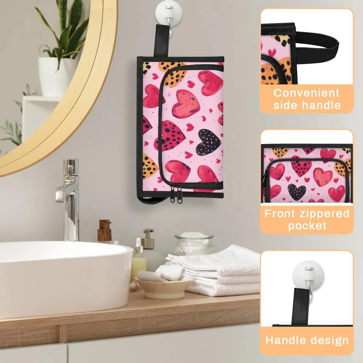 Makeup Bag Hearts Printed Travel Toiletry Bag Makeup Organizer Portable Make Up Bags for Women Cosmetic Bag with Handle