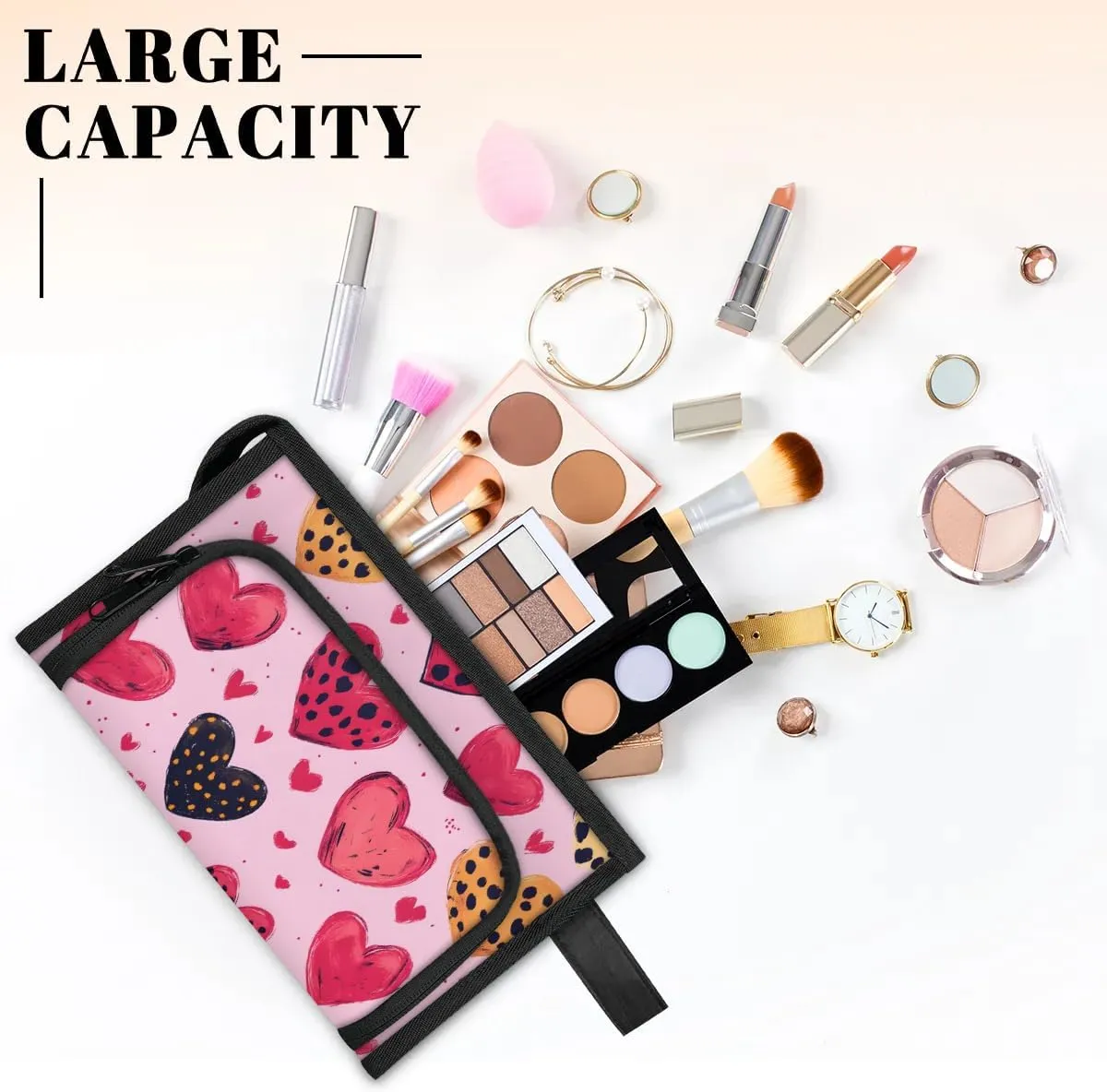 Makeup Bag Hearts Printed Travel Toiletry Bag Makeup Organizer Portable Make Up Bags for Women Cosmetic Bag with Handle