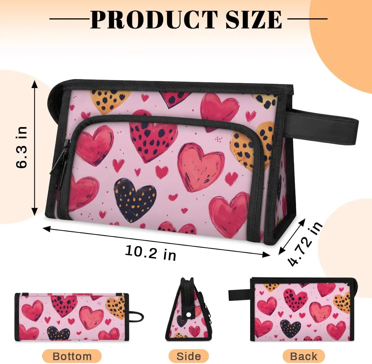 Makeup Bag Hearts Printed Travel Toiletry Bag Makeup Organizer Portable Make Up Bags for Women Cosmetic Bag with Handle