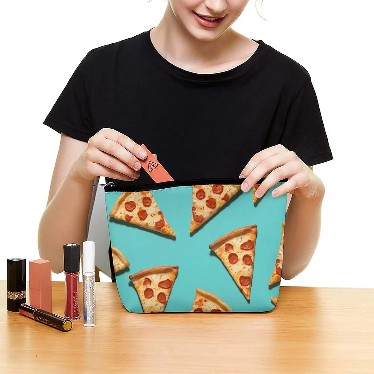 Makeup Bag Portable Cosmetic Bag Green Pizza Slices Toiletry Bag Makeup Organizer Case Large Capacity Zipper Pouch Travel Toiletry Pouch for Women Men
