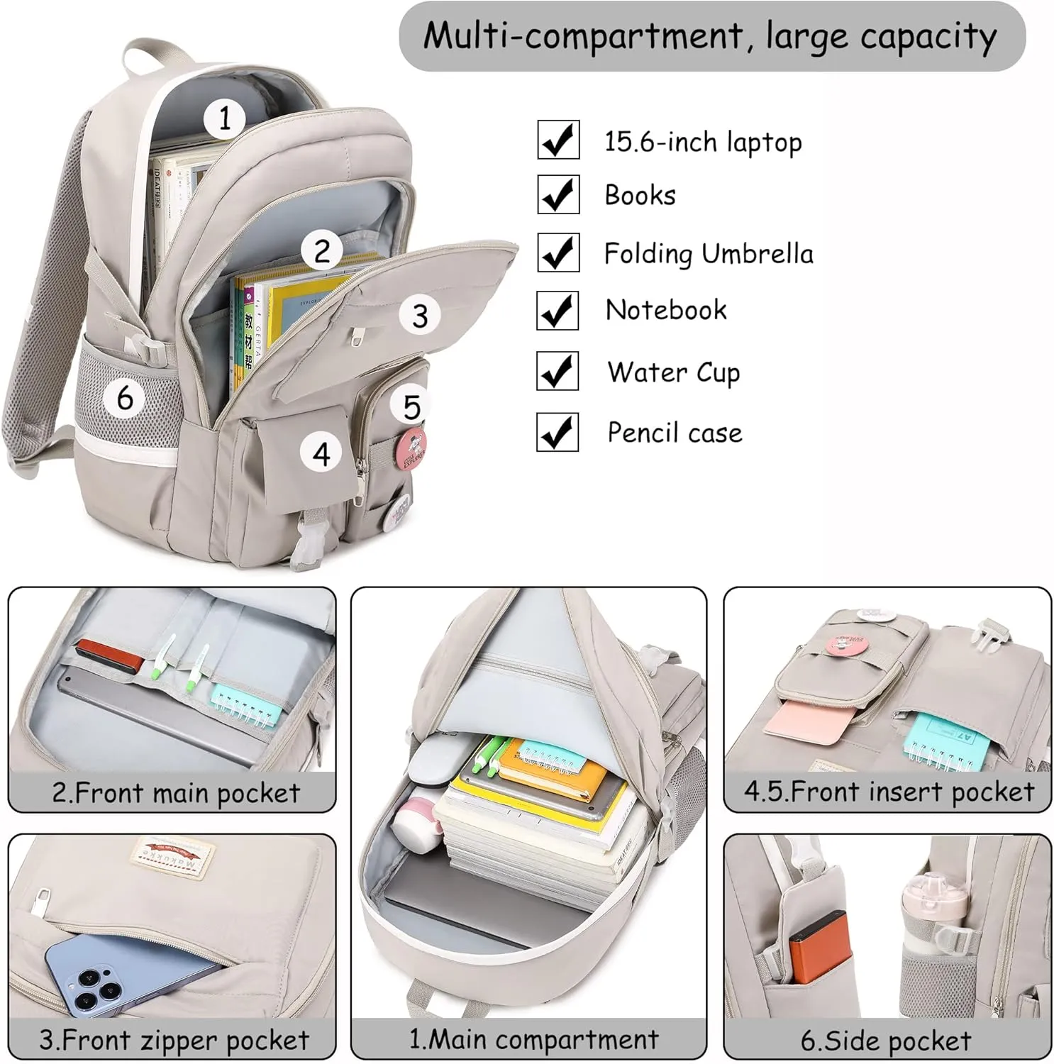 Makukke School Backpacks for Teen Girls - Laptop Backpacks 15.6 Inch College Cute Bookbag Anti Theft Women Casual Daypack,Gray