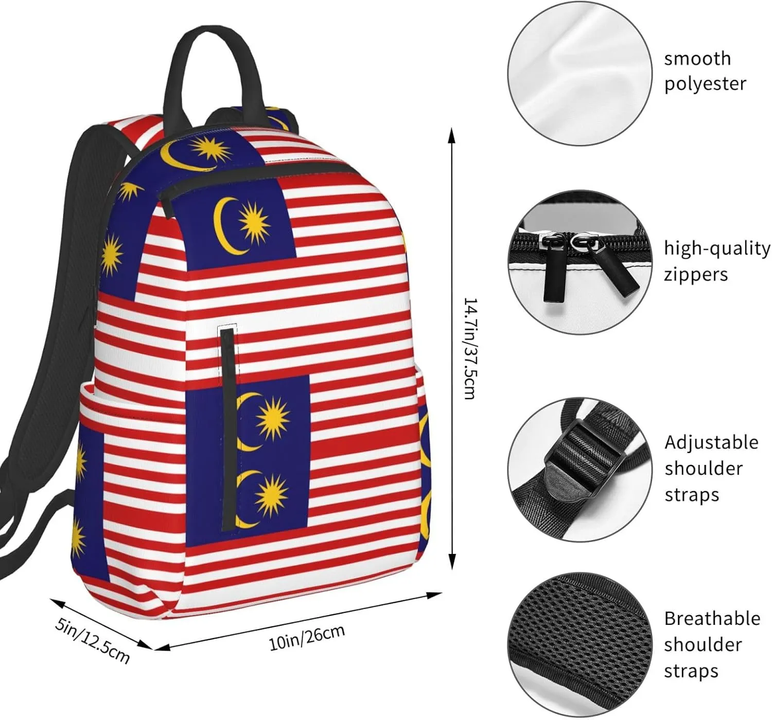 Malaysia Flag print Lightweight Laptop Backpack Travel Daypack Bookbag for Women Men for Travel Work