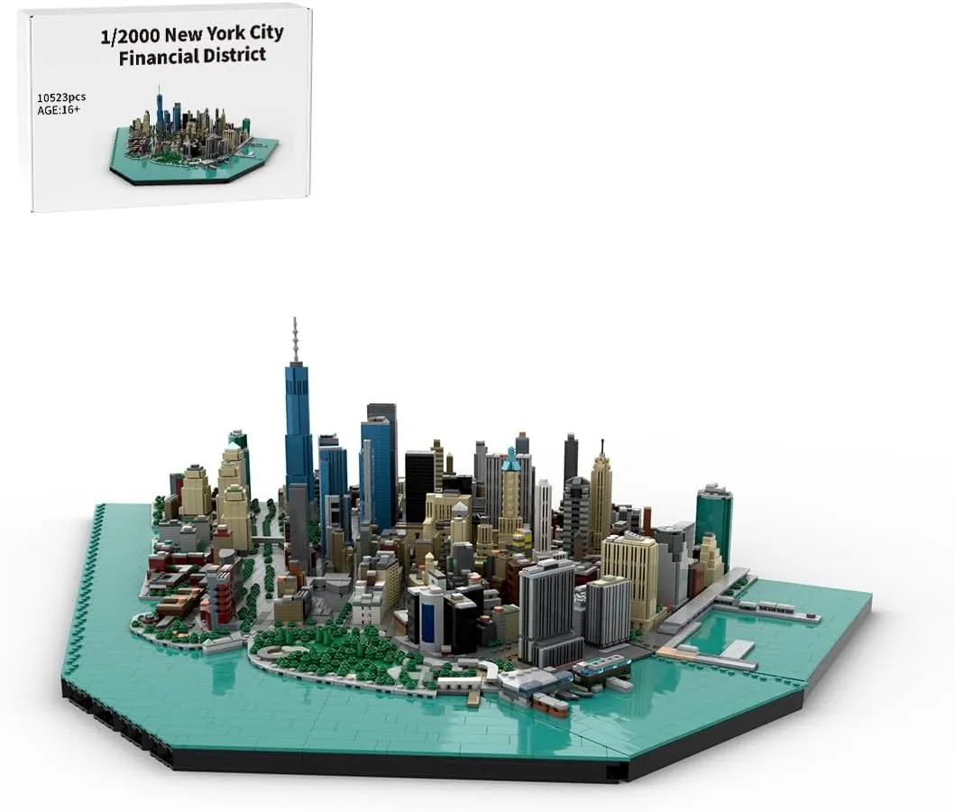 Manhattan Downtown Financial District Architecture Building Blocks Set, MOC-221106 1/2000 Scale City Building Street Scene Model, Can be Combined with Other New York Models, 10523PCS