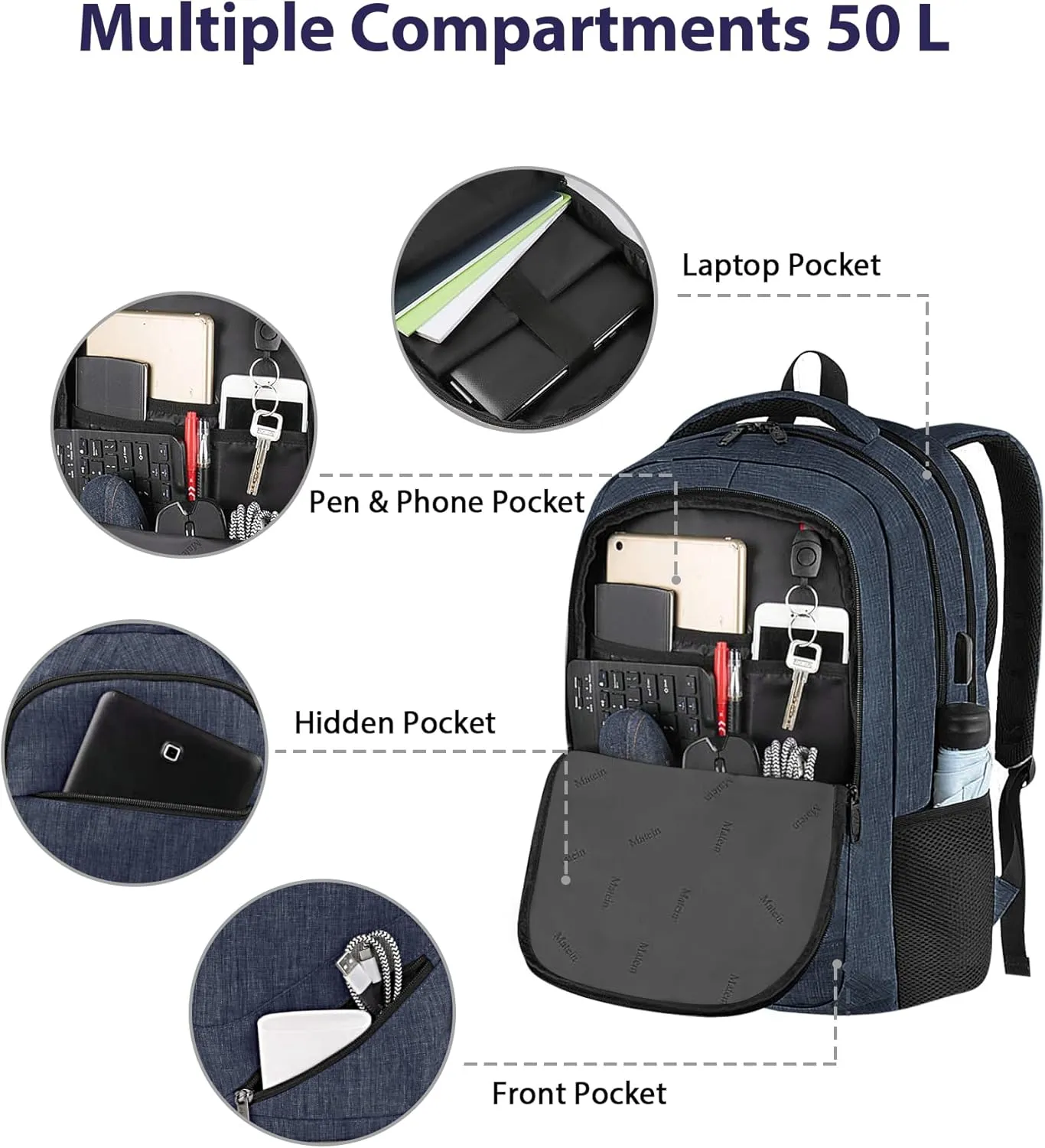 MATEIN Extra Large Laptop Backpack for Men, 50 L Travel Backpack Carry On TSA Approved with USB Port and Trolley Sleeve, Waterproof Work Business Bag Fits 18.4 Inch Computer Notebook, Dark Blue