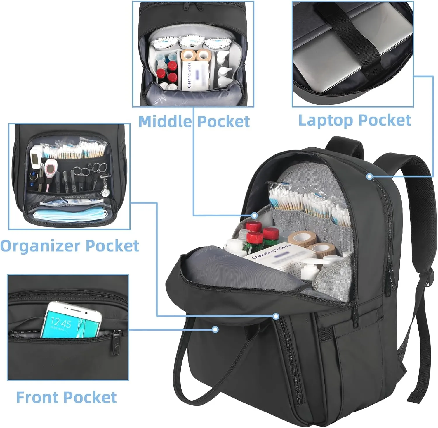 MATEIN Nurse Backpack, Waterproof Padded Medical Nursing Laptop Backpacks for Women, Home Health Clinical Tote Bag with Removable Organizer for College Work Travel, Nurses Gifts