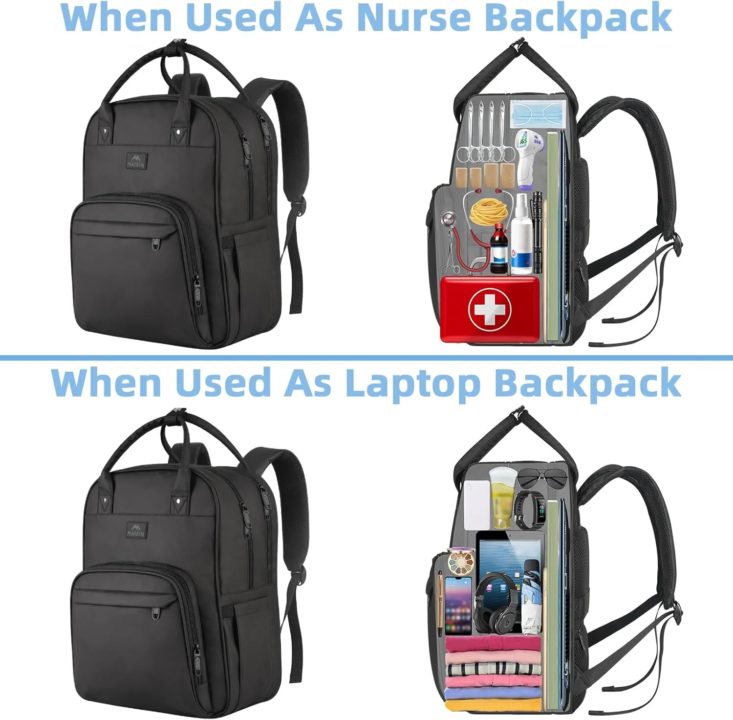 MATEIN Nurse Backpack, Waterproof Padded Medical Nursing Laptop Backpacks for Women, Home Health Clinical Tote Bag with Removable Organizer for College Work Travel, Nurses Gifts